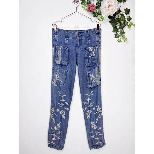Johnny Was Leroile Embroidered Cargo Pants in Chambray Blue