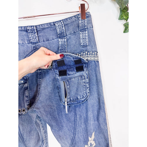 Johnny Was Leroile Embroidered Cargo Pants in Chambray Blue