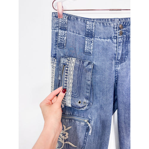 Johnny Was Leroile Embroidered Cargo Pants in Chambray Blue