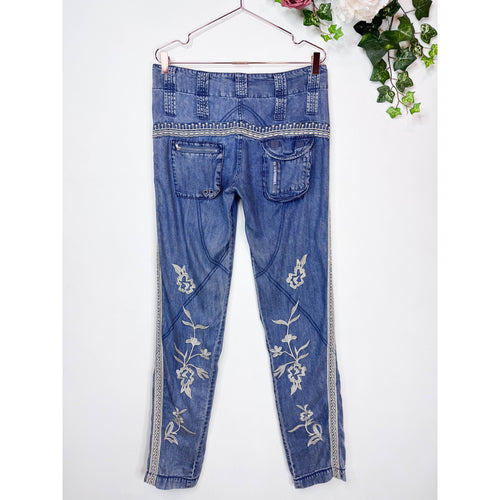 Johnny Was Leroile Embroidered Cargo Pants in Chambray Blue