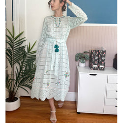 NWT HEMANT & NANDITA Embroidered Belted Midi Dress