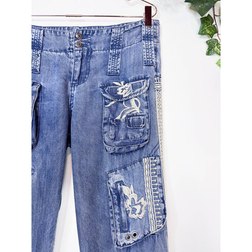Johnny Was Leroile Embroidered Cargo Pants in Chambray Blue