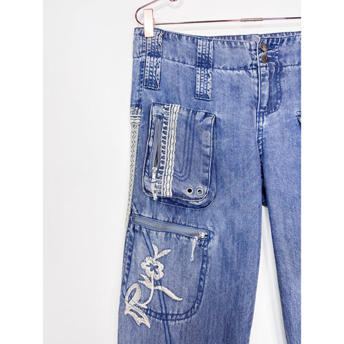 Johnny Was Leroile Embroidered Cargo Pants in Chambray Blue