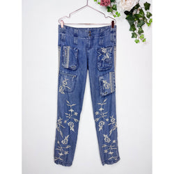 Johnny Was Leroile Embroidered Cargo Pants in Chambray Blue