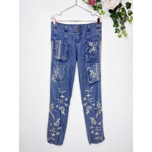 Johnny Was Leroile Embroidered Cargo Pants in Chambray Blue