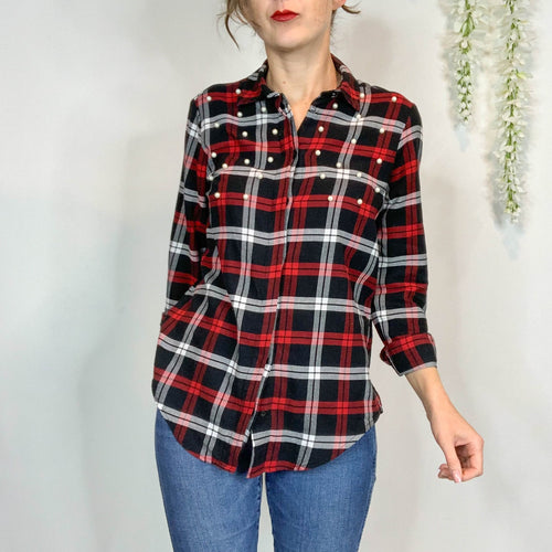 Zara Plaid Flannel Pearl Button Down Shirt