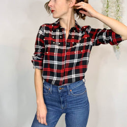 Zara Plaid Flannel Pearl Button Down Shirt