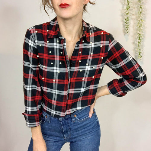 Zara Plaid Flannel Pearl Button Down Shirt