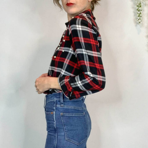 Zara Plaid Flannel Pearl Button Down Shirt